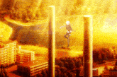 a man in a suit is flying through the air between two tall columns