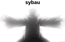 a silhouette of a person with their arms outstretched and the word sybau written on the bottom .