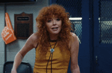 a woman with red hair and the word see on the bottom right