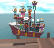a group of kids are standing on a boat and one of them says purr
