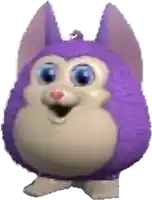 a purple stuffed animal with a white face and blue eyes is standing on its hind legs .