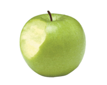 a green apple that has a bite taken out of it