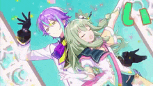 a boy with purple hair and a girl with green hair are dancing together in a video game .