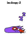 a pixel art drawing of a purple octopus sleeping with a red pencil in its mouth .