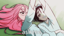 two anime girls are laying on the ground and the word ashvee is on the bottom right