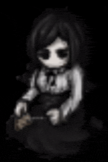 a black and white pixel art of a girl holding a sword .