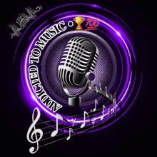 a microphone in a circle with the words " addicted to music " around it