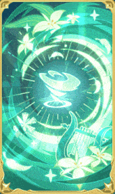 a card with a swirl of flowers and a harp on it
