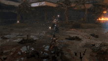 a video game scene with a samurai fighting a giant monster