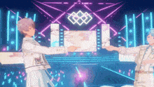 two anime characters are dancing on a stage with a heart in the background