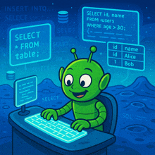 a cartoon illustration of a green robot typing on a computer
