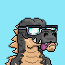 a pixel art of a dinosaur wearing glasses
