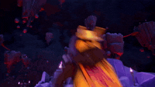 a video game scene with a purple and orange background