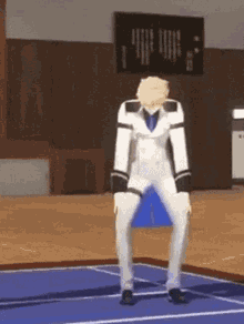 a cartoon character is standing on a basketball court