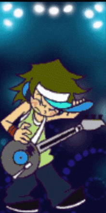 a cartoon character is playing a guitar and wearing headphones and a headband