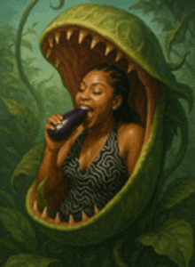 a painting of a woman eating an eggplant from a carnivorous plant