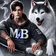 a man wearing a mb hoodie sits next to a husky