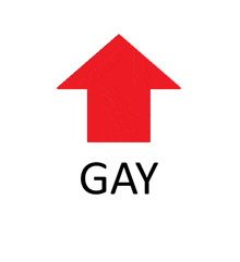 a red arrow pointing up with the word gay underneath