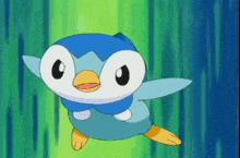 a cartoon penguin is flying through the air with a green background .