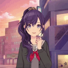 a girl with purple hair and blue eyes stands in front of a building that says airport