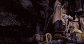 a video game character standing next to a statue with a gun