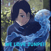 a drawing of a man with a jellyfish and the words we love junpei on the bottom