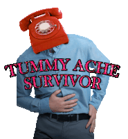 a man with a red telephone on his head and the words tummy ache survivor on his chest