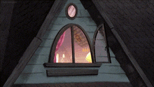 a cartoon drawing of a house with a window and a clock on it