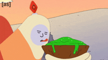 a cartoon character is holding a bowl of green slime with the letters a and s on the bottom
