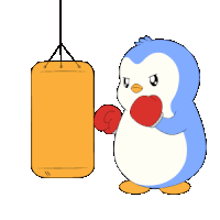 a blue and white penguin wearing red boxing gloves is punching a yellow punching bag
