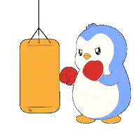 a blue and white penguin wearing red boxing gloves is punching a yellow punching bag