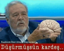 a man with a beard is holding a model of a brain in his hand