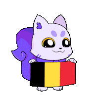 a purple and white cartoon cat holding a flag of belgium