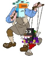a cartoon of a man holding a puppet with a face that says cc on it