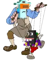 a cartoon of a man holding a puppet with a face that says cc on it