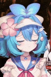 a girl with blue hair and a flower in her hair is wearing a sailor outfit and a hat .