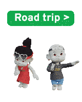 two cartoon characters are standing next to a road trip sign