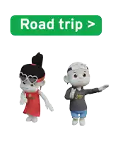 two cartoon characters are standing next to a road trip sign
