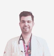 a man with a stethoscope around his neck has a lanyard around his neck that says ' meditech ' on it