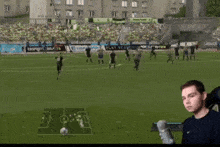 a soccer game is being played in a stadium with a sign that says play season