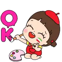 a cartoon girl is holding a brush and painting the letter k .