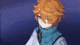 a young boy with orange hair and blue eyes is wearing a blue scarf around his neck