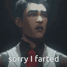 a man in a suit and tie is saying sorry i farted in a dark room .