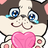 a cartoon cat is crying and holding a pink heart in its paws