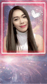 a picture of a woman with long hair in a pink frame with a heart drawn on it