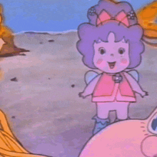 a cartoon of a girl with purple hair and wings