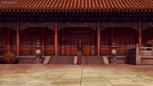a man stands in front of a building that says ' samurai champloo ' on the bottom