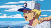 a cartoon character wearing a baseball cap and a striped shirt is talking .