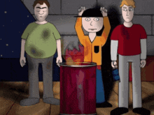 a cartoon of three men standing around a red can