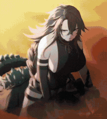 a black and white drawing of a woman with long hair and a dragon behind her .